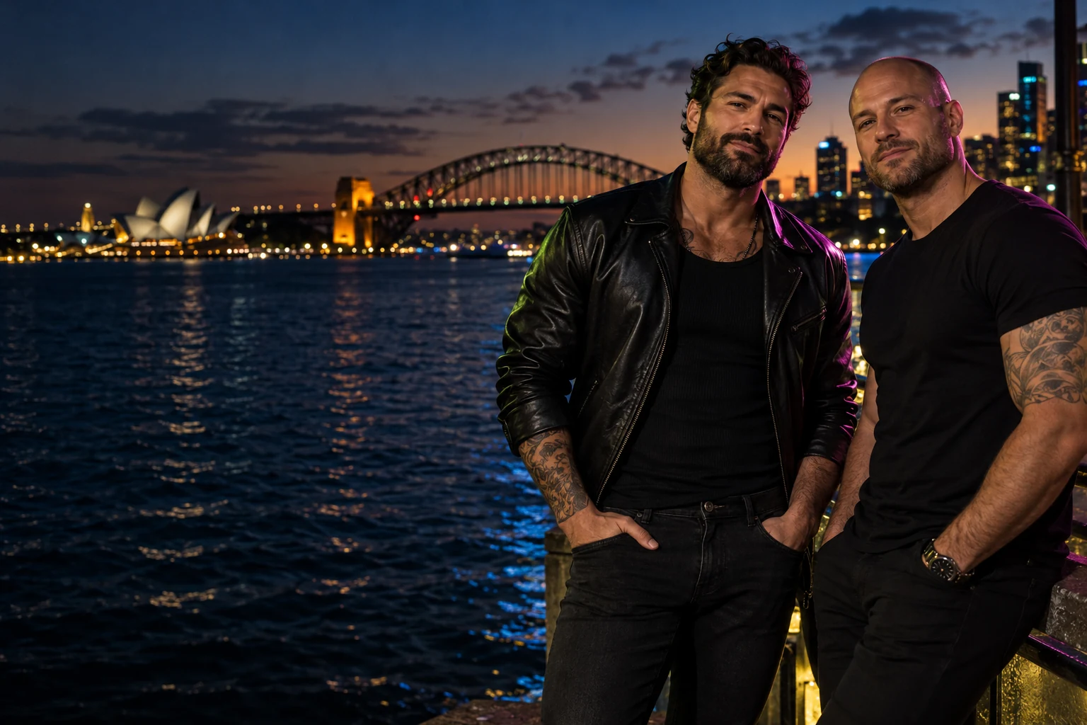Australian night campaign with two adult men at Sydney Harbour
